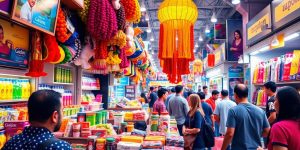 Vibrant online marketplace with diverse products and customers.