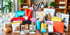 Colorful display of online franchise products on table.