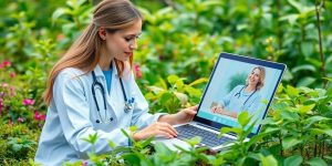Healthcare professional providing online care in a green setting.
