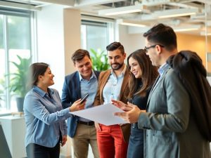 Antreprenori discutând despre francize într-un birou modern.