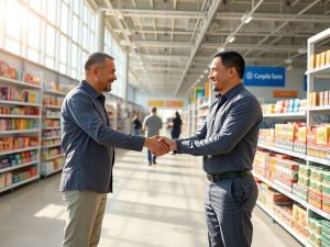 Parteneri de afaceri strâng mâna într-un magazin franciză modern primitor