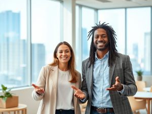 Oameni zâmbitori, clădiri moderne, logo-uri colorate, interacțiuni dinamice