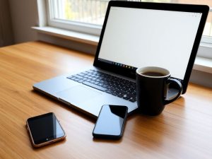 Laptop pe masă, cu o ceașcă de cafea.