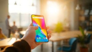 Mâini ținând un telefon cu ecran digital.