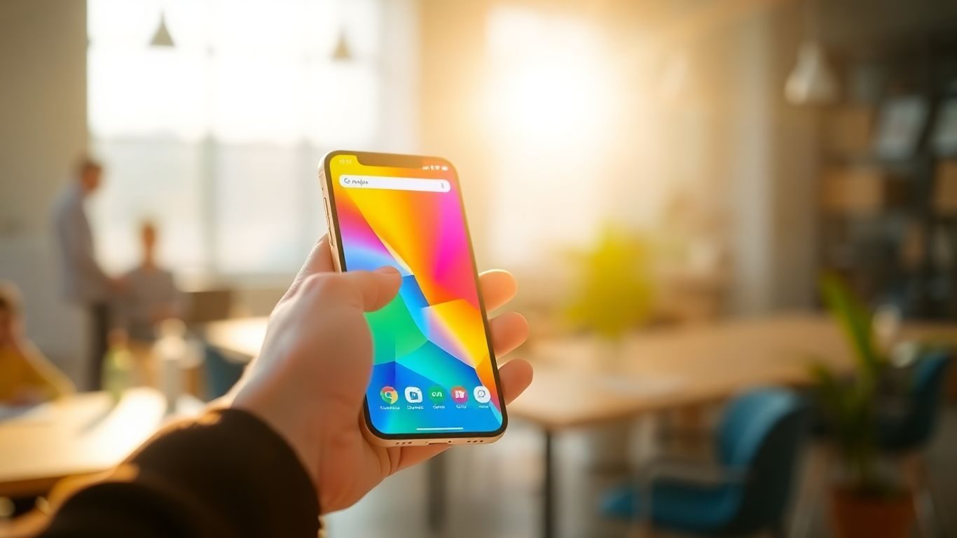 Mâini ținând un telefon cu ecran digital.