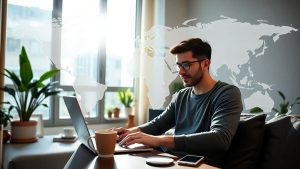 Antreprenor tânăr lucrând online din apartament modern